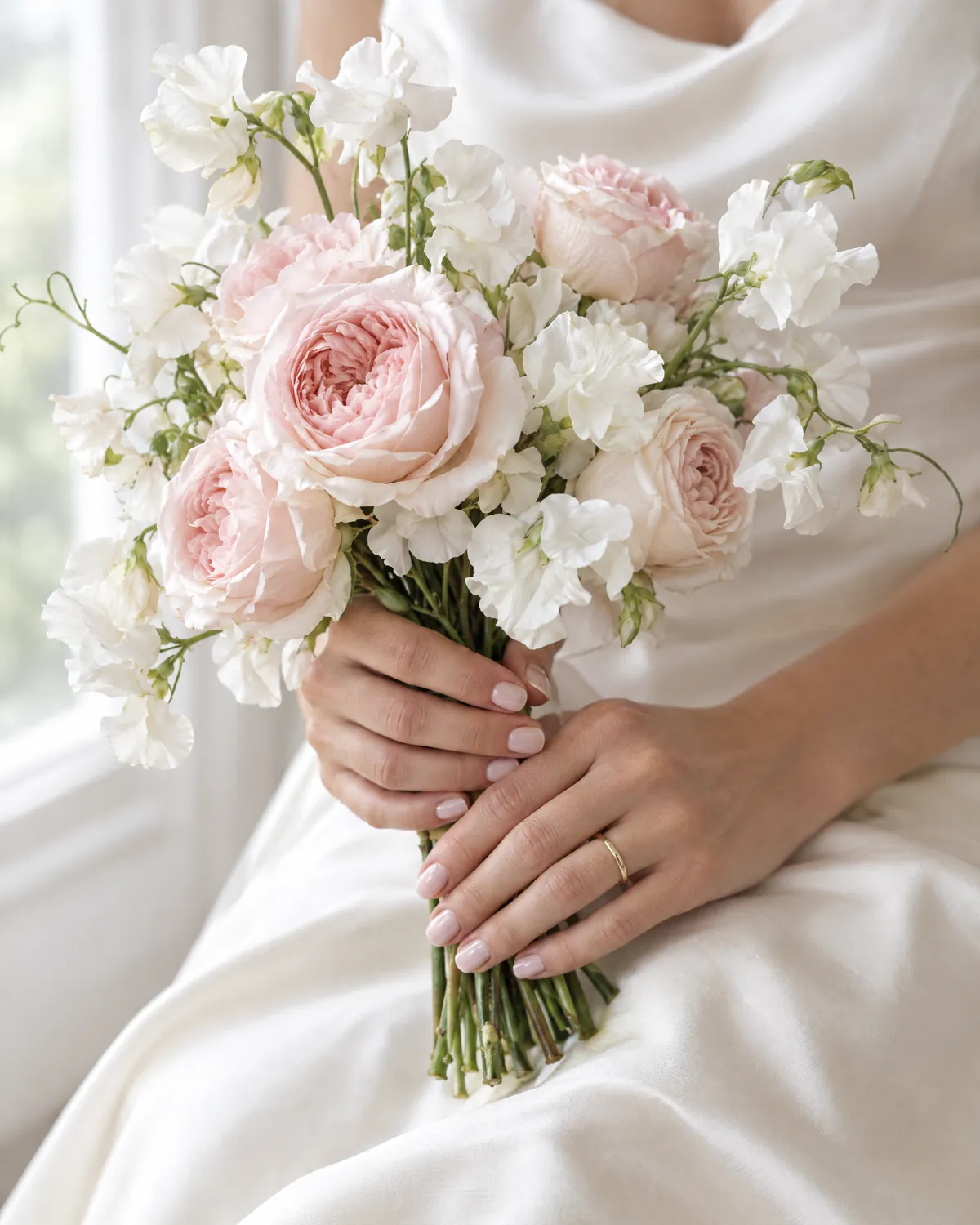 Braut hält einen Strauß zartrosa Rosen, frisch manikürte Hände