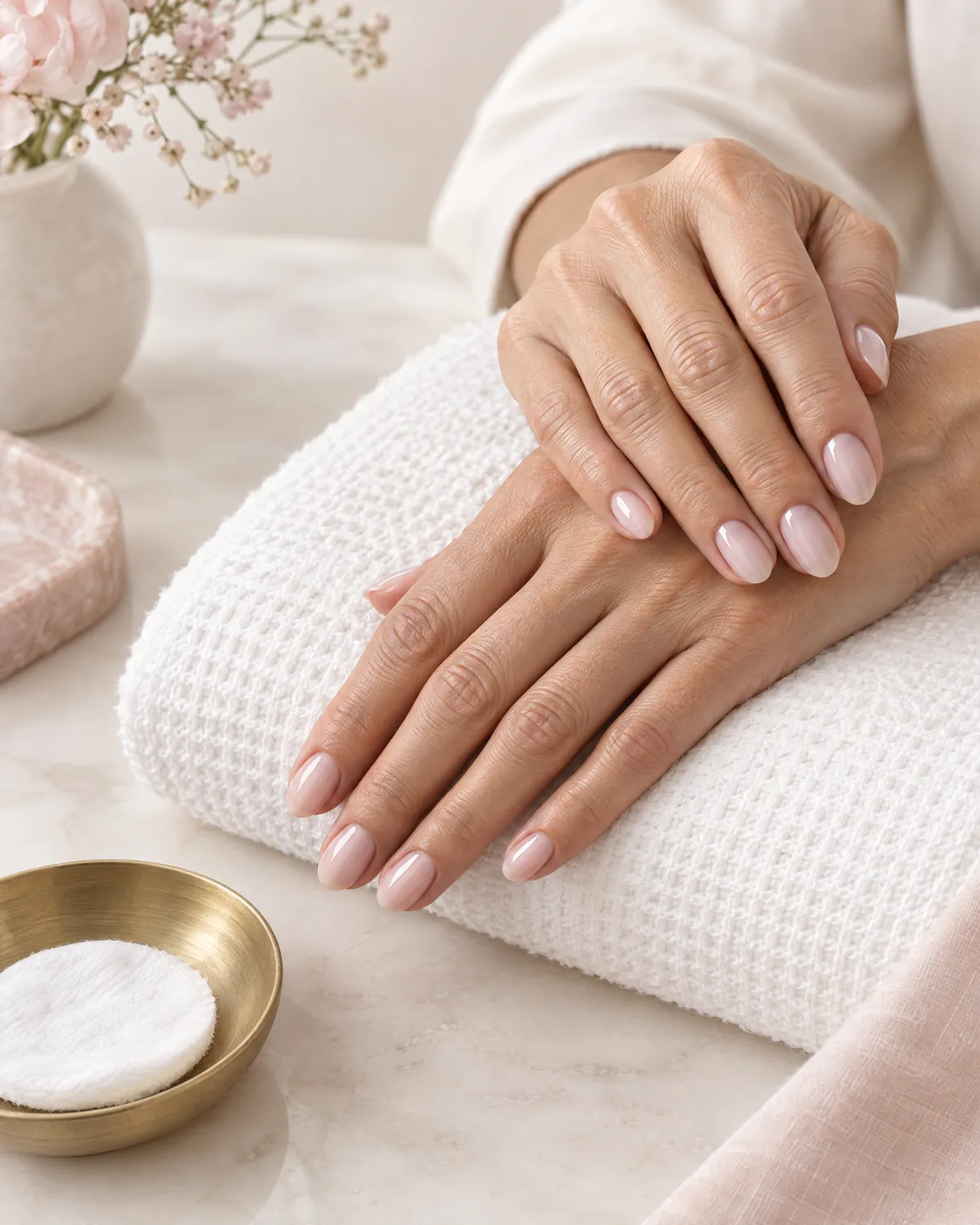 Gepflegte Hände mit zartrosa Nagellack auf einem weißen Handtuch